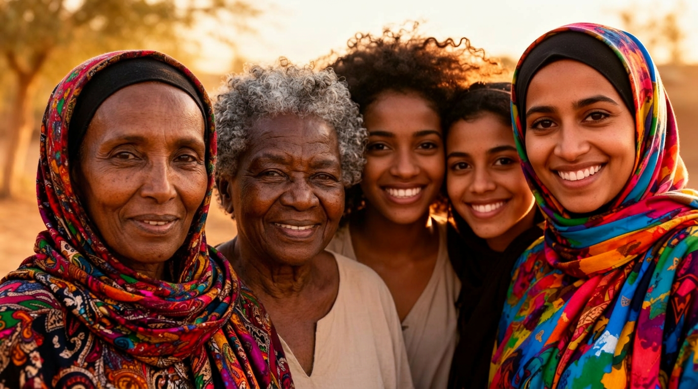 Women and girls gathered together in warm light